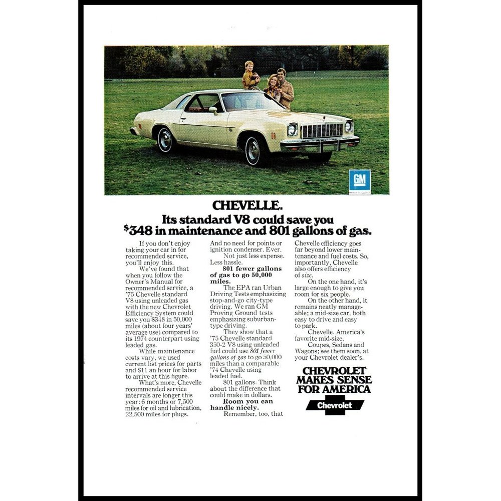 1975 Chevy Chevelle V8 Coupe Vintage Print Ad Family Car Little Boy Dad Wall Art